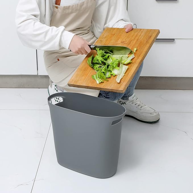 JiatuA Plastic Small Trash Can Slim Waste Basket with Handles 3.2 Gallon Narrow Garbage Container Bin for Bathroom, Bedroom, Kitchen, Home Office Under Desk, Dorm, Laundry Room, Kids Room, Grey