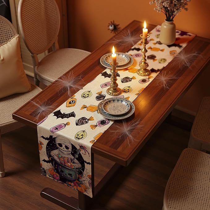 Halloween Table Runner with Mummies,Pumpkins & Candy,Table Decoration for Dining Party and Home Decor,96x13 inches