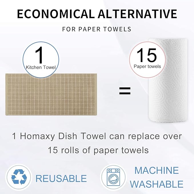 Homaxy 100% Cotton Terry Kitchen Towels(Tan, 13 x 28 inches), Checkered Designed, Soft and Super Absorbent Dish Towels, 8 Pack