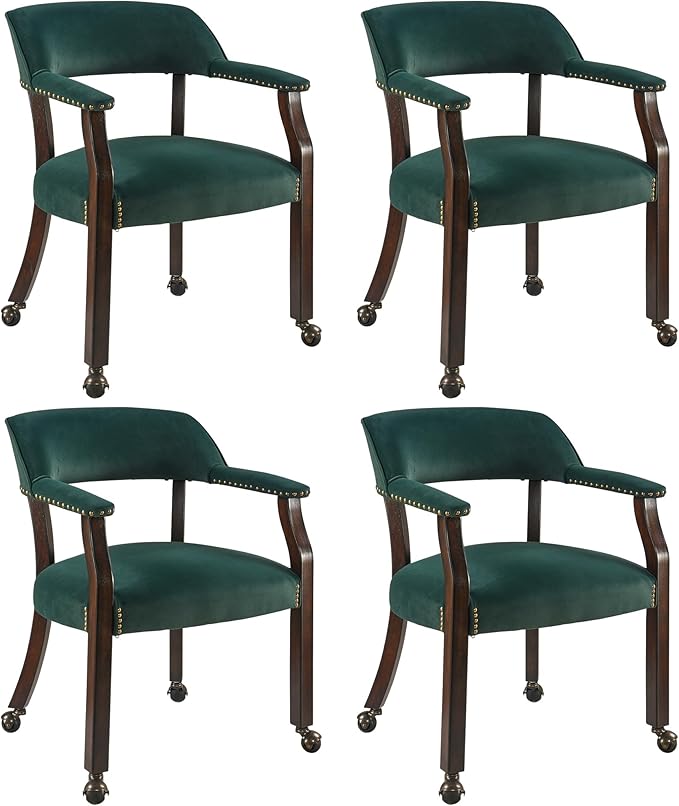 MODERION Dinning Chairs with Wheels and Arms Set of 4, Solid Wood Office Desk Chairs with Frosted Velvet Upholstered, Classic Swivel Accent Chairs, 31.5" H Boss Caption's Chair, Sea Green XXY-HT22-SG