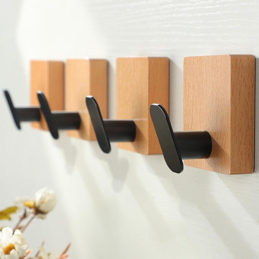 DELITON Towel Hooks Wall Mounted - Adhesive Bathroom Coat Hooks for Hanging Robes Clothes Light Brown, Black Solid Wood Beech Wall Hook 4 Packs