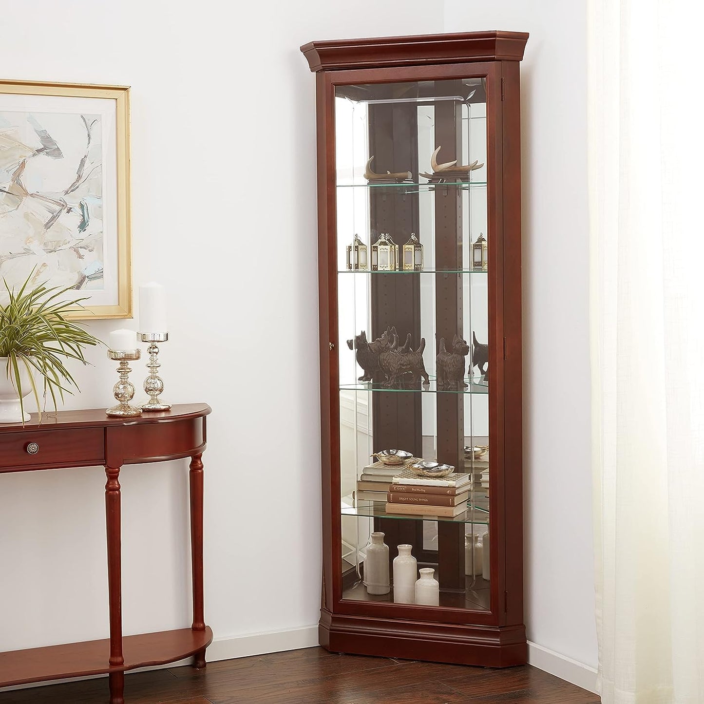 Howard Miller Brown Corner Curio Cabinet, Lockable Storage Cabinets Adjustable Glass Shelves with Floor Mount, Wood Finish Perfect for Collectibles, Living Room & Office & Home Decor
