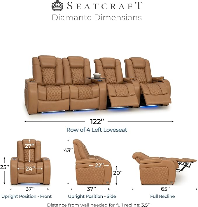 Seatcraft Diamante Zero-Gravity CoolZero Italian Leather Home Theater Seating, Power Headrest, Power Recline, Row of 4 Left Loveseat, Tan Oak