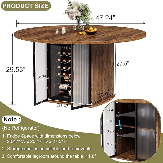 IBF Round Dining Table with Fridge Space, Wood Kitchen Table with Storage Shelf, Rustic Circle Dining Room Tables for 4, Farmhouse Circular Dinner Tables for Home, Rustic Brown, 47 Inch, Only Table