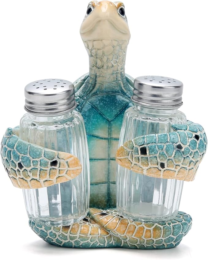Hodao ocean animals indoor home decorations sea turtle decorative figurines kitchen organization and storage-Ocean Theme kitchen decor salt and pepper shakers holder set ocean animal gifts (Turtle)
