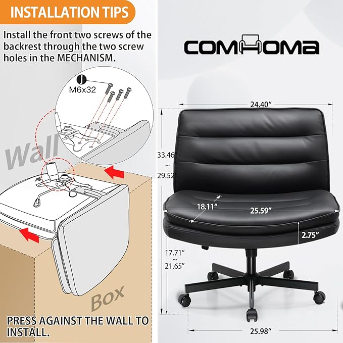 COMHOMA Cross Legged Office Chair with Wheels Armless Office Desk Chair, Modern Vanity Computer Task Chairs for Home Bedroom, Comfortable Wide Seat for Lower Back Pain Relief, PU Leahter, Black