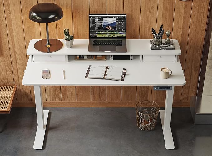 FEZIBO 40 x 24 Inch Height Adjustable Electric Standing Desk with Double Drawer, Computer Desk, Home Office Stand Up Table with 4 Height-Adjustable Feets & 2 Hooks, White