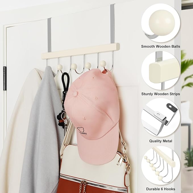 TOPIA HANGER Over The Door Hooks for Hanging, Towel Hooks Towel Racks for Bathroom, Coat Hooks Coat Rack Over The Door Organizer Hanging, Wooden Door Hangers for Coat Towel Hat Purse CT71W