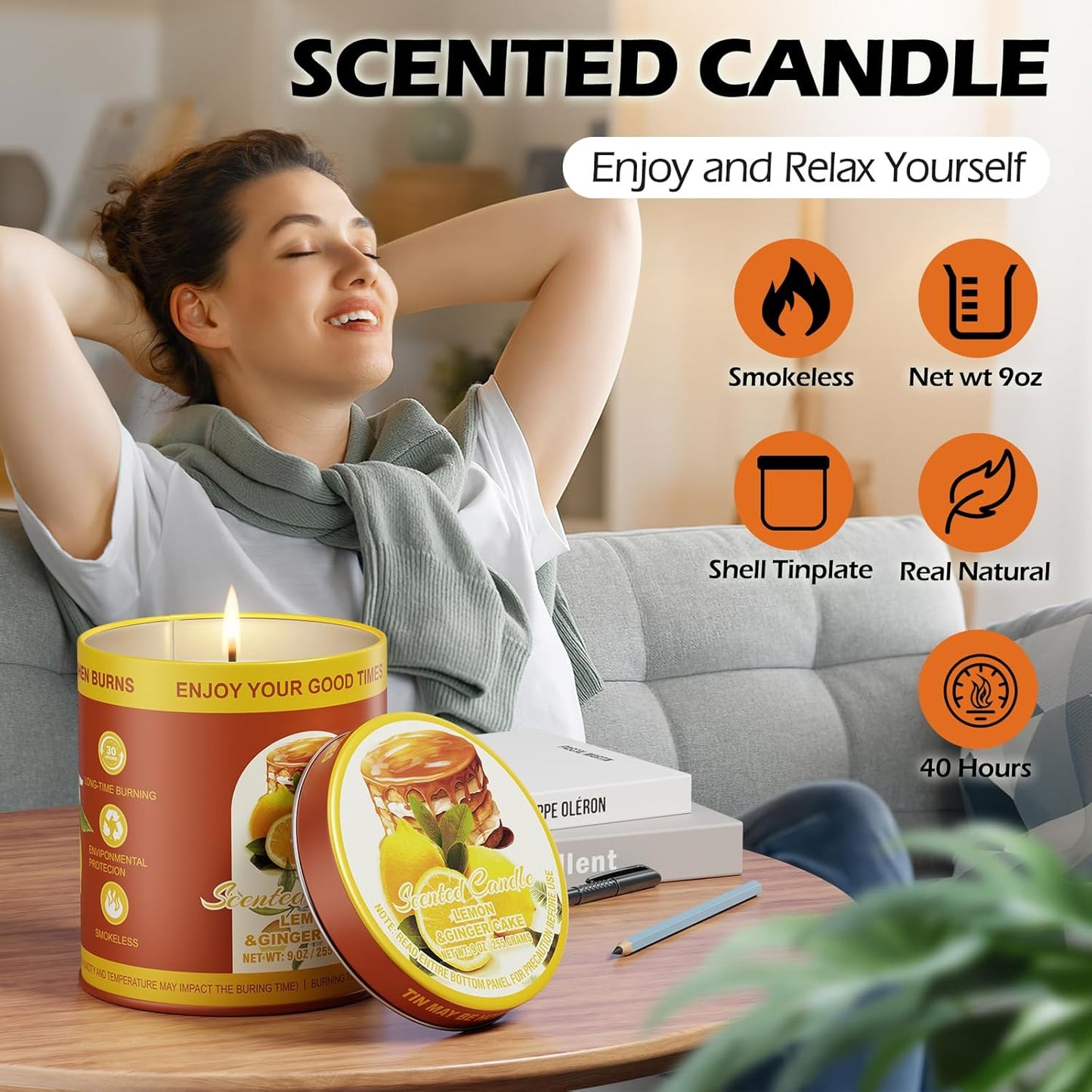 Lemon Ginger Cake Scented Candles Set | 2Pack 18OZ 8% Essential Oils 80H Burn Time | Clean Burning Smokeless for Aromatherapy Tin Jar Soy Wax Candle, Meditation, Yoga, Spa Gift Set for Men&Women