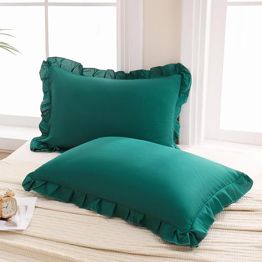 Merryword Dark Green Pillow Shams Green King Pillowcases Cute Pillow Cover Set of 2 Soft Shabby Chic Ruffled Pillowcases 2 Pack (King (20''x36''), Dark Green)