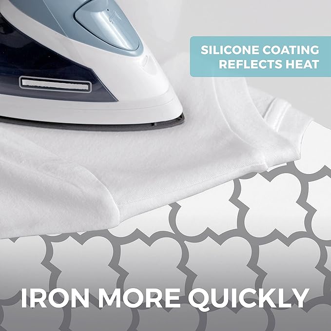HOME GENIE Ironing Board Cover, Silicone Coating, Full Size Scorch Resistant Padding, Elastic Edge Heavy Duty Iron Pad Covers Standard Boards, Hook and Loop Fastener Strap Extra Thick, Quatrefoil Gray