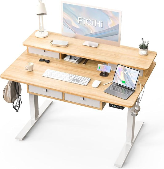 Adjustable Height Standing Desk with 4 Drawers,48 x 30 inches Electric Sit Stand Home Office Desk with Two Tiers, 3 Memory Presets, Monitor Stand Riser, USB A/C Charging Port