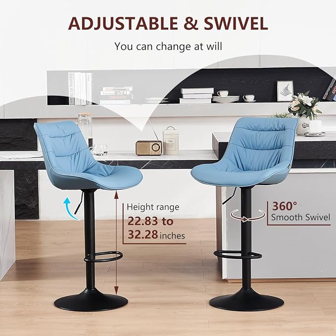 Kidol & Shellder Bar Stools Set of 2 Adjustable Swivel Blue, PU Leather Upholstered with Back, Modern Counter Height Stools for Kitchen Island, Home Bar