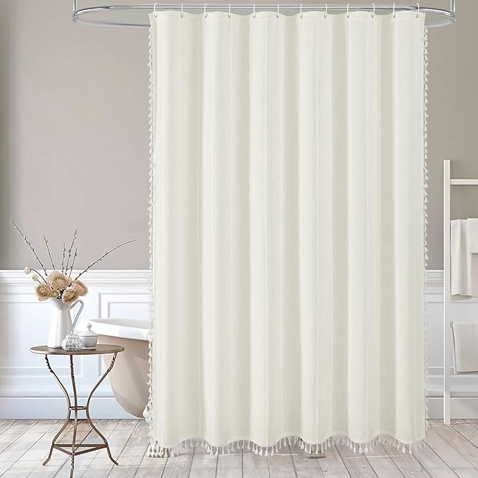 MitoVilla Boho Small Stall Fabric Shower Curtain 36 x 72, Ivory Half Size Narrow Polyester Linen Tassel Cloth Shower Curtains for Chic Modern Farmhouse Country Bathroom Decor