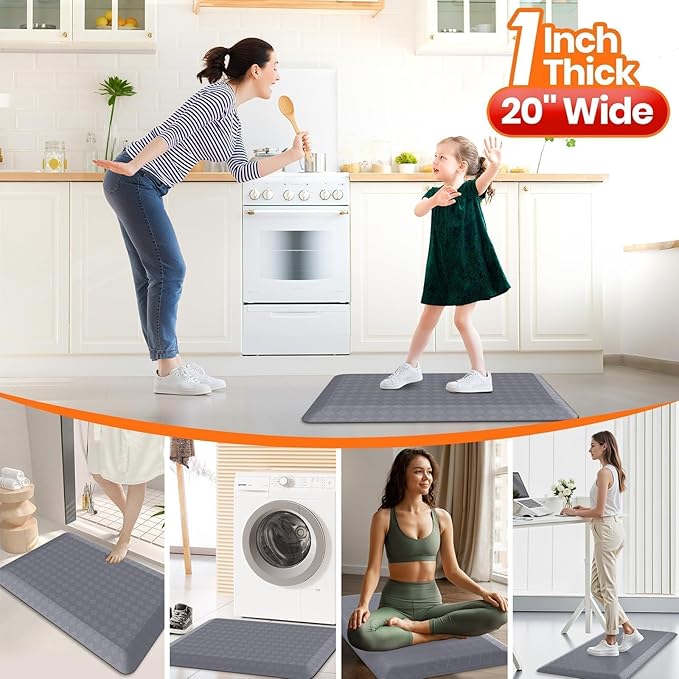 StepRite 1” Thick Kitchen Mats for Floor, Anti Fatigue Kitchen Rugs, Non-Slip,Heavy Duty Waterproof Kitchen Rug, Standing Desk Mat for Home, Kitchen, Office, (Grey)