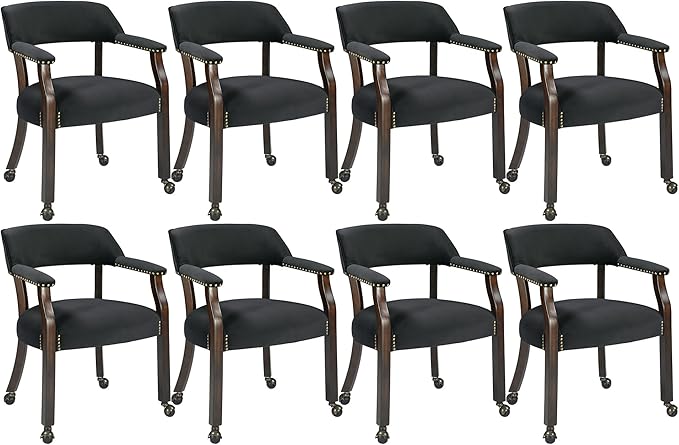 MODERION Dinning Chairs with Wheels and Arms Set of 8, Solid Wood Office Desk Chairs with Frosted Velvet Upholstered, Classic Swivel Accent Chairs, 31.5" H Boss Caption's Chair, Black, XXY-HT22-BK