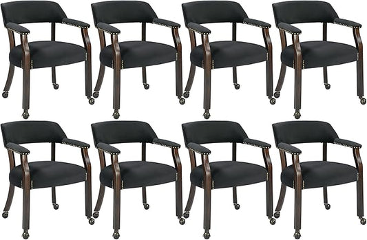 MODERION Dinning Chairs with Wheels and Arms Set of 8, Solid Wood Office Desk Chairs with Frosted Velvet Upholstered, Classic Swivel Accent Chairs, 31.5" H Boss Caption's Chair, Black, XXY-HT22-BK
