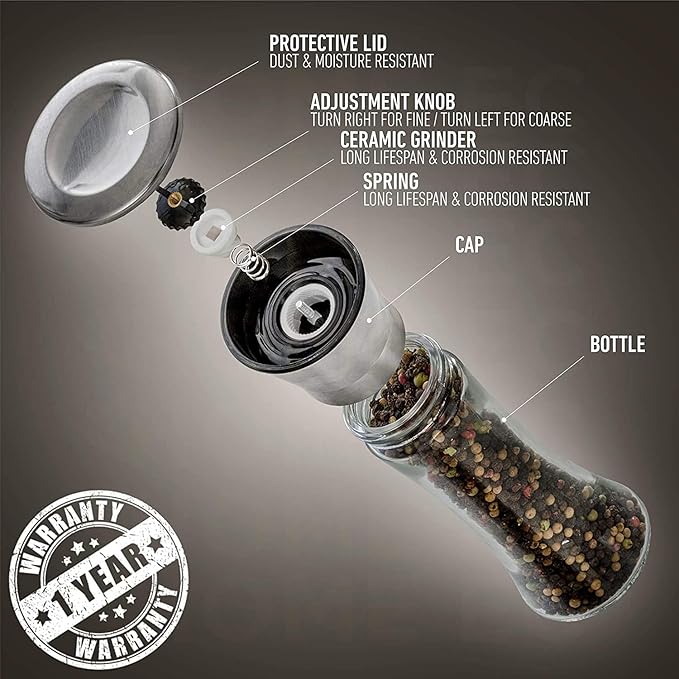 HOME EC Original Stainless Steel Salt or Pepper Grinder 1pk - Adjustable Ceramic Sea Salt Grinder or Pepper Mill - Tall Glass Spice Shaker - Spice Mill w/EBook