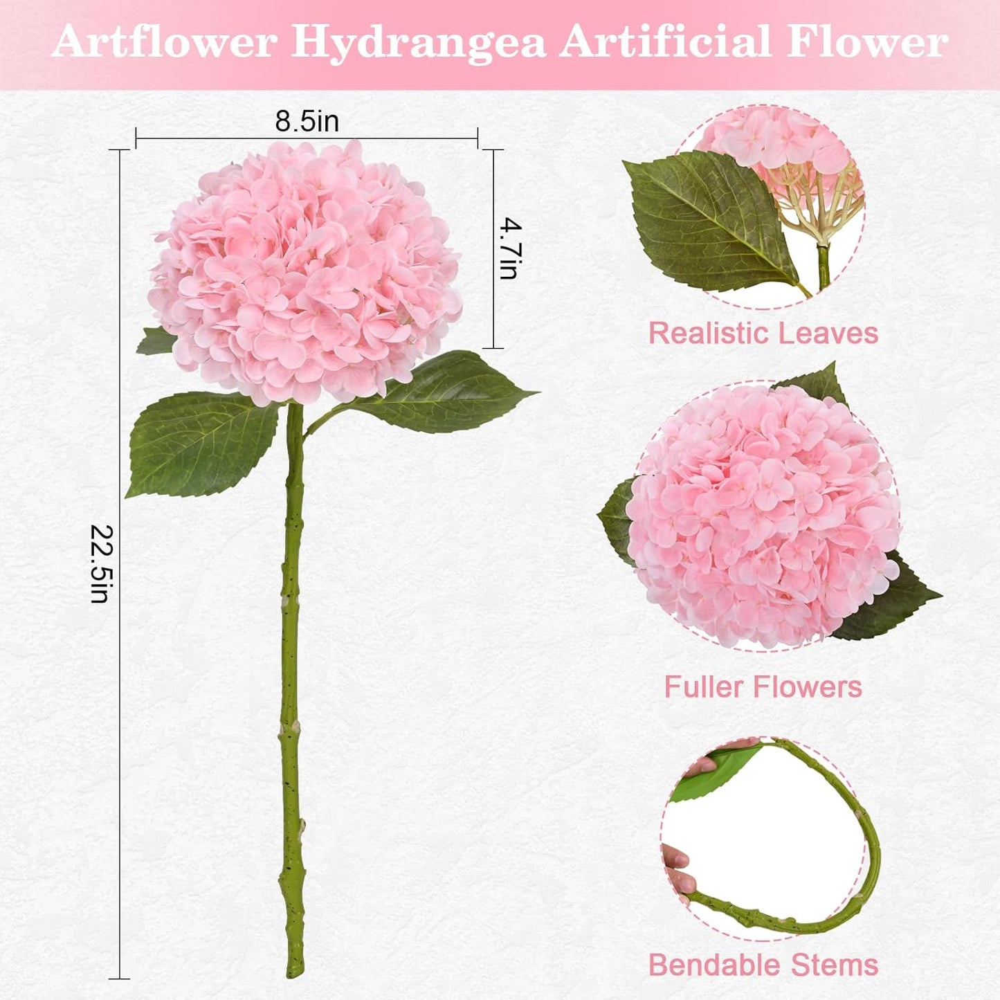 Artflower 4Pcs Real Touch Hydrangea Artificial Flowers, 22.5'' Pink Full Latex Faux Hydrangea Flowers for Home Floral Arrangements Wedding Bouquets Kitchen Table Centerpiece Decorations