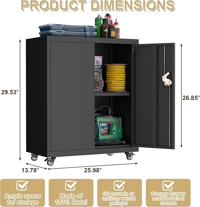 LUCYPAL Metal Storage Cabinet with Wheels,31.5" H Steel Storage Cabinet with Locking Doors and Adjustable Shelves,Metal Garage Storage Cabinets for Home Office,Kitchen,Black