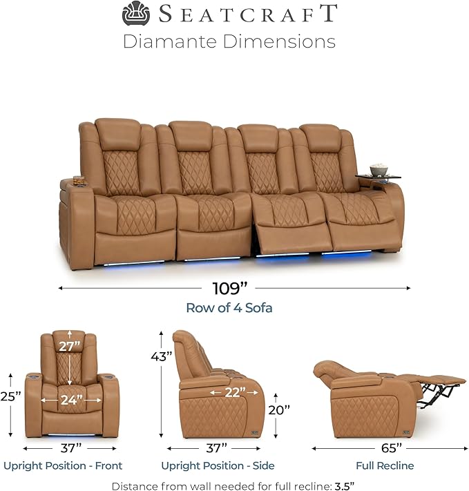 Seatcraft Diamante Zero-Gravity CoolZero Italian Leather Home Theater Seating, Power Headrest, Power Recline, Row of 4 Sofa, Tan Oak