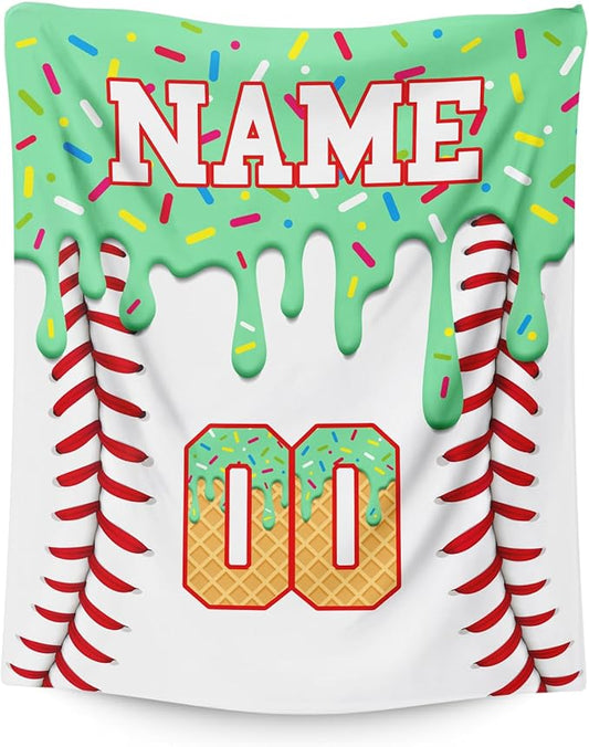 Kids Blanket for Boys Girls Custom Baseball Blankets for Gift, Green Cozy Soft Ice Cream Flannel Throws for Bed Travel Sofa Living Room Bedroom Decor Club