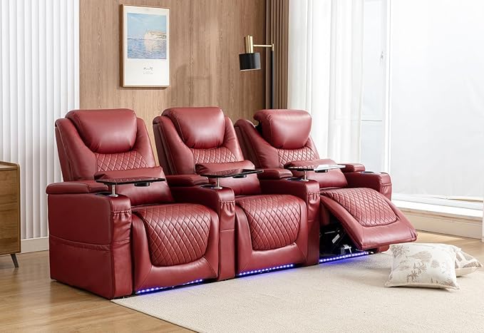 Home Theater Seating Seats, Theater Recliner Chair Sofa Game Movie Theater Chairs with 7 Colors Ambient Lighting, Lumbar Pillow, Side Pocket, Tray Table, Power Recline, Red