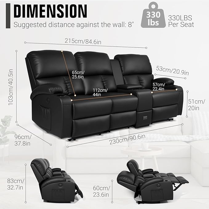 Home Theater Seating,RV Recliner Sofa with Massage and Heat,Manual RV Recliner Loveseat with USB/Cup Holders and Side Pocket for Living Room,3 Loveseat Black