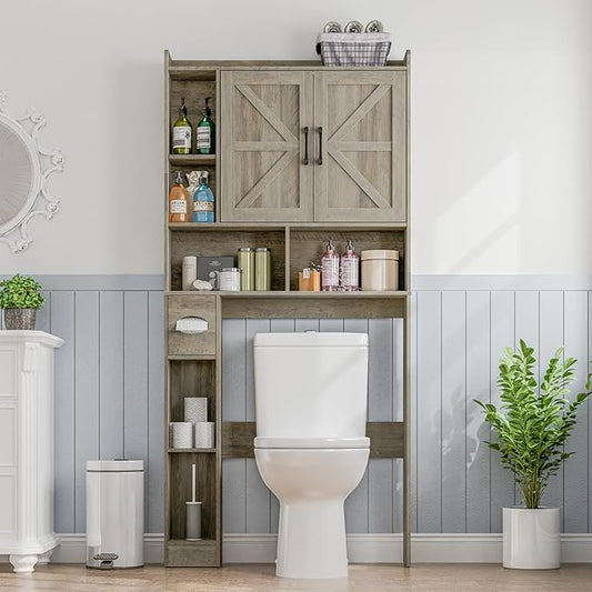 Over The Toilet Storage Cabinet, Farmhouse Storage Cabinet Over Toilet with 2 Barn Door & Toilet Paper Holder Stand, Home Space-Saving Rack, for Bathroom, Restroom (Grey).