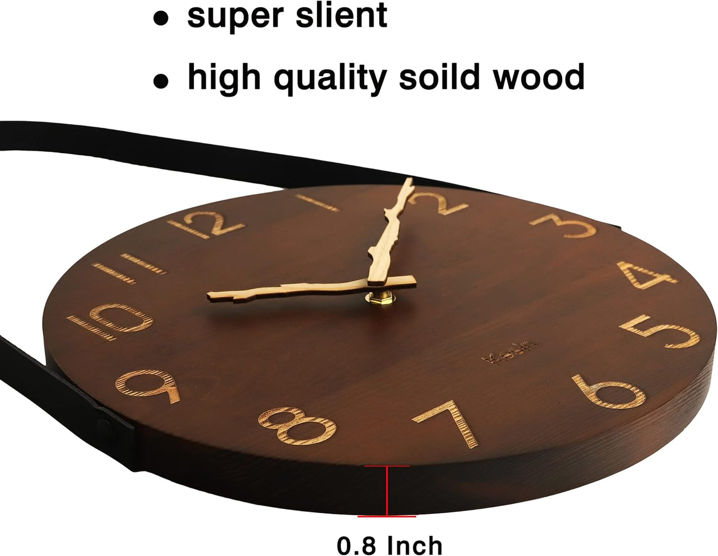 Kesin Wall Clock 10 Inch Silent Wooden Wall Clock Battery Operated Hand Made Retro Fashion Clock with Rope Hanging Decorative for Living Room,Kitchen,Bedroom,Office