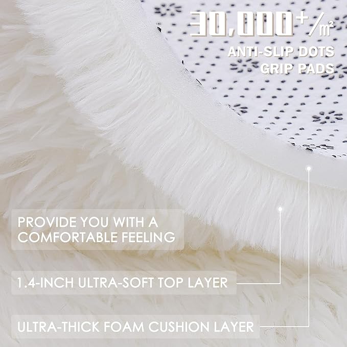 OLANLY Ivory Round Rugs for Bedroom - Machine Washable, 2 ft Circle Area Rugs for Living Room, Soft and Fluffy Shaggy Carpet for Teen Girls and Boys, Nursery Rooms, Dorms, Home Decor Aesthetic