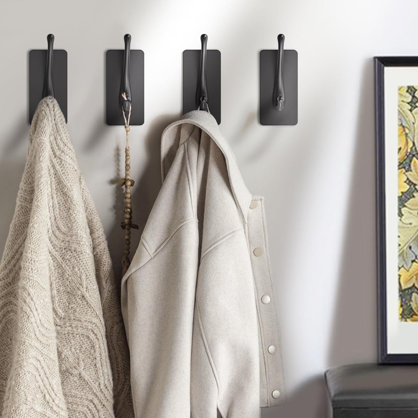 Towel Hooks, Solid Alloy Adhesive Wall Hooks for Hanging, Towel Hooks for Bathroom, RV, Kitchen, Closets, etc (Black, 2 Pack)