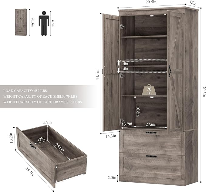 HOSTACK 70" Tall Kitchen Pantry Storage, Barn Doors Pantry Cabinet with Drawers and Adjustable Shelf, Modern Farmhouse Storage Cabinet for Kitchen, Dining Room, Living Room, Bathroom, Ash Grey