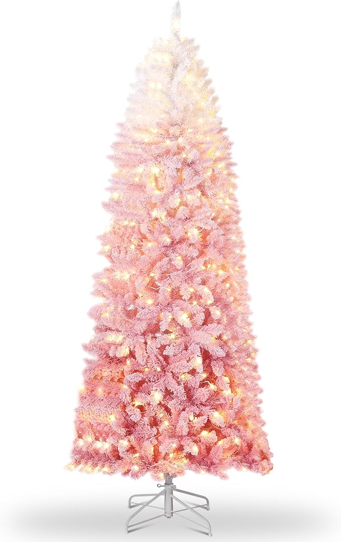GarveeHome 4.5ft Snow Flocked Pencil Christmas Tree, Slim Artificial Christmas Tree with Sturdy Metal Stand, Skinny Xmas Tree Holiday Decoration for Home, Office, Pink Gradient