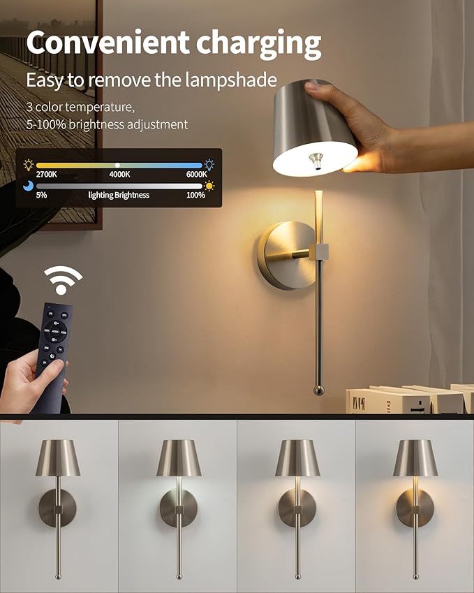 KDG Cordless Wall Sconces Set of 2, Wireless 5200mAh Rechargeable Battery LED Wall Lamps, Wall Lightings for Wall Painting, Outdoor, Garden, Bedside, Hallway, Gifts, Night Light (Brushed Nickel)