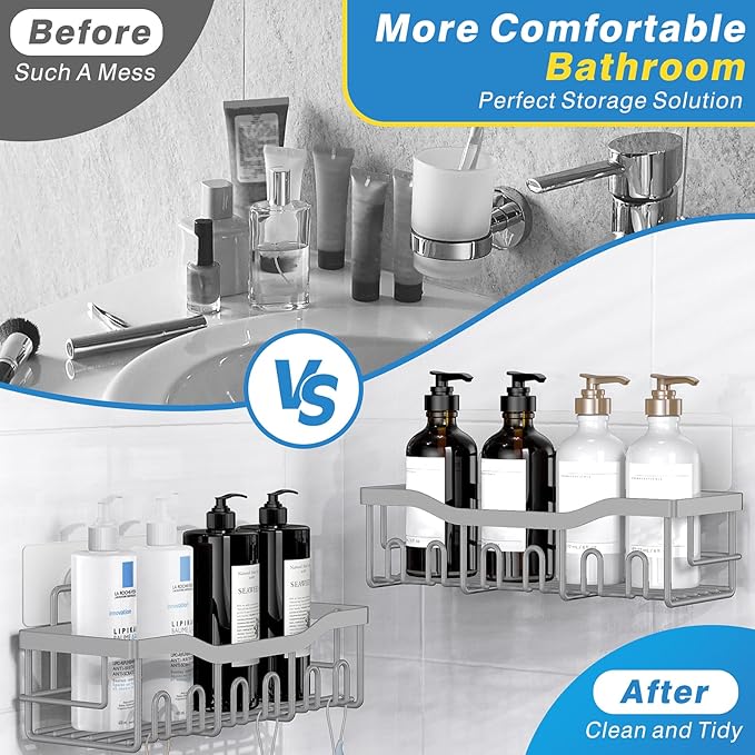 5-Pack Rustproof Stainless Steel Shower Caddy Set– No Drill Adhesive Bathroom Organizer, Space-Saving Shower Shelves for Apartment Essentials, Bathroom/Kitchen Storage Home Decor-L Size