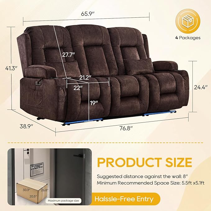 IPKIG 76" Power Reclining Sofa, Electric Home Theater Seating with Flipped Middle Backrest/LED Lighting/USB Ports/Built-in Outlets, Dual Recliner Sofa 3 Seater for Living Room RV (Brown)