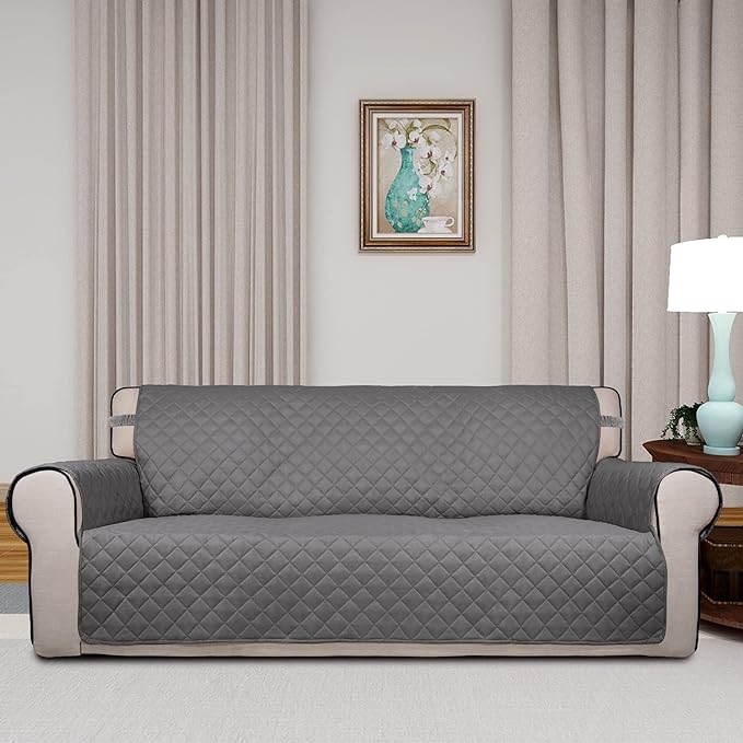 PureFit Reversible Quilted Sofa Cover, Water Resistant Slipcover Furniture Protector, Washable Couch Cover with Non Slip and Elastic Straps for Kids, Dogs, Pets (Sofa, Gray/Gray)