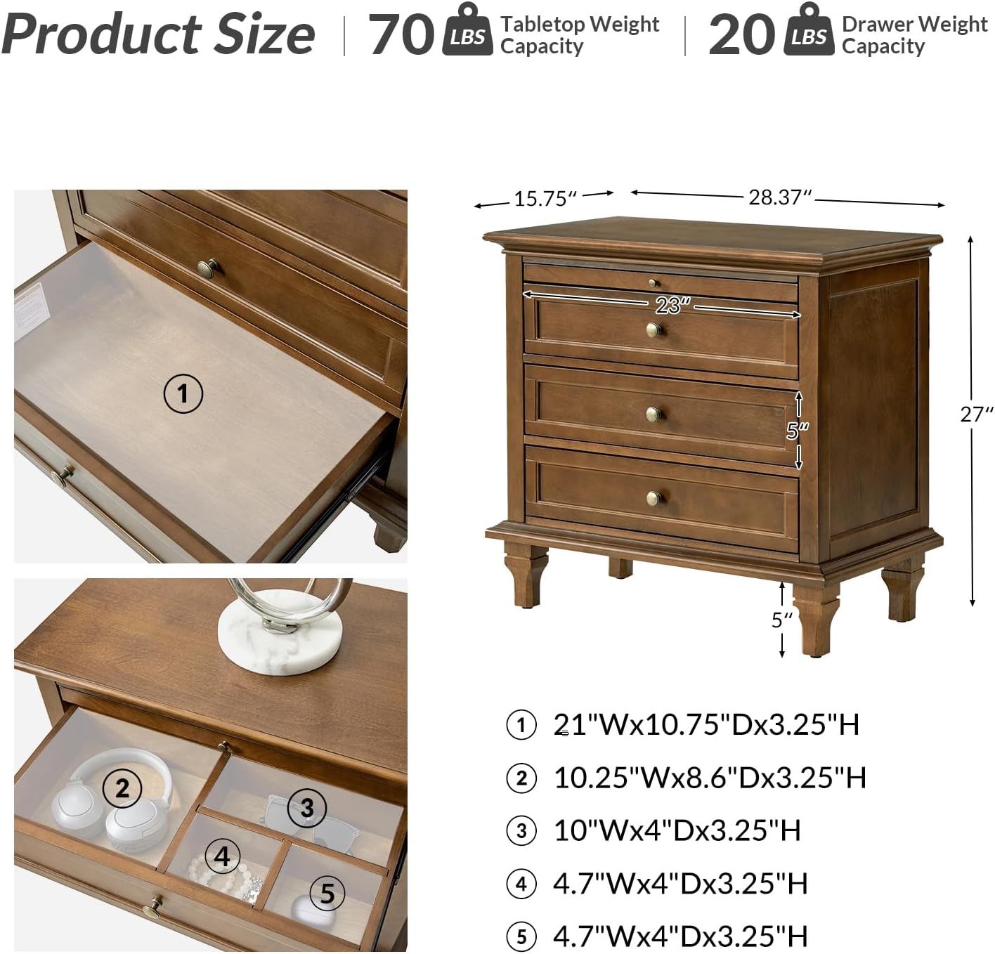 HULALA HOME Farmhouse 3 Drawer Nightstand with Tray, Drawer Organizer with Solid Wood Legs, Nightstand with Charging Station(Set of 2, Walnut)