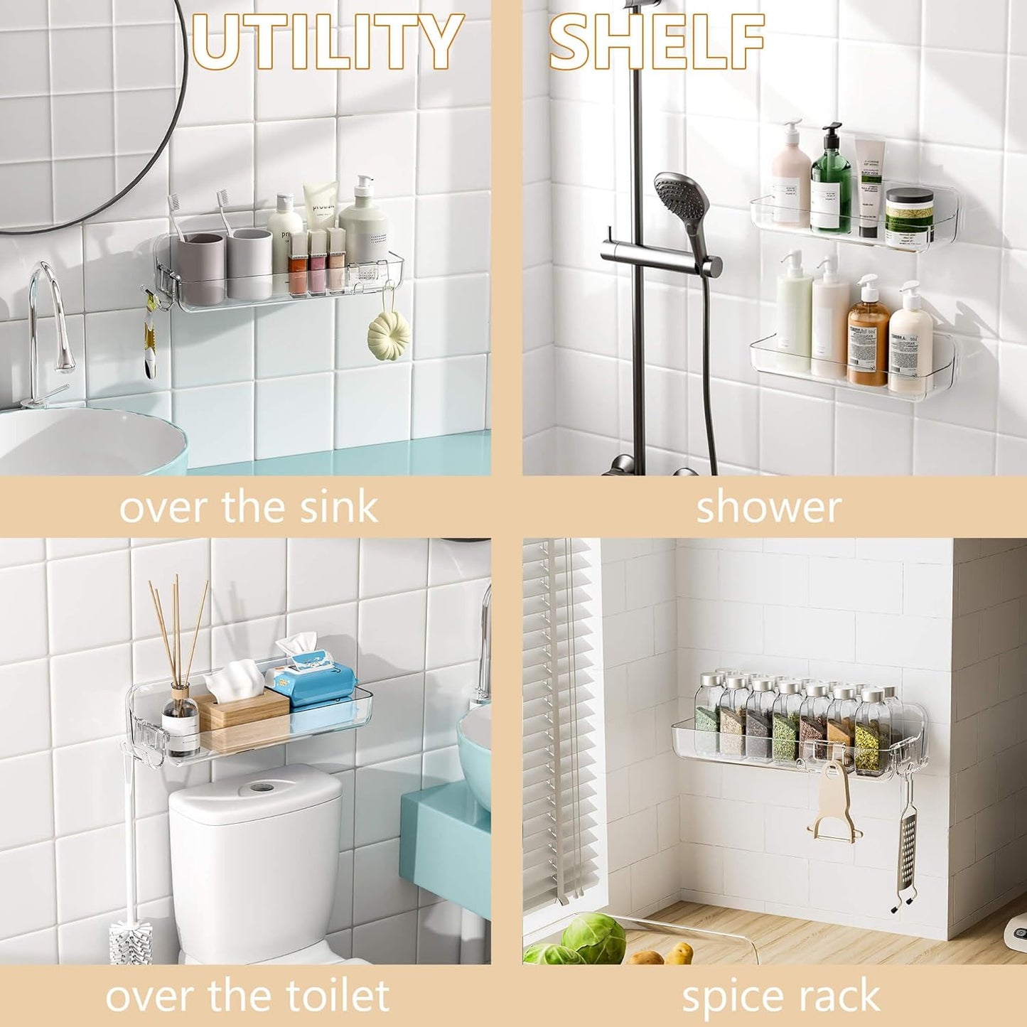 UDD Acrylic Shower Caddy Shower Organizer, Plastic Adhesive Shelf with Hook and Self Adhesive Tape, No Drilling Clear Wall Mount Shower Shelves for Bathroom Kitchen, Clear