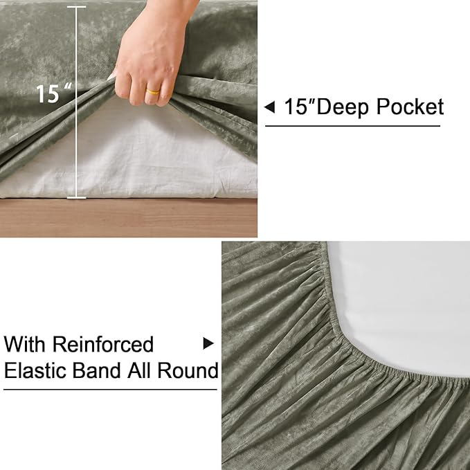 PHF Truly Velvet Fitted Sheet Only Queen Size, Luxury Super Soft Cozy Fuzzy Fleece Bottom Sheet, Deep Pocket Up to 16",Suitable for Fall Winter Spring, No Pillowcases, Smokey Olive
