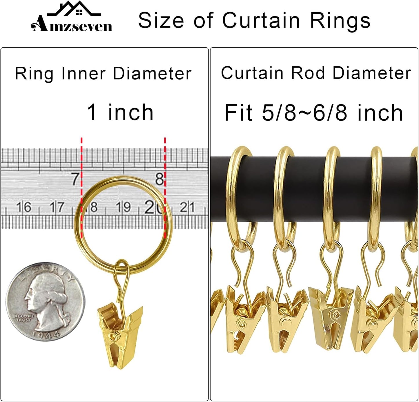 44 Pack Metal Curtain Rings with Clips, Drapery Clips with Rings, Drapes Rings 1 inch Inner Diameter, Fits Diameter 5/8 inch Curtain Rods, Gold