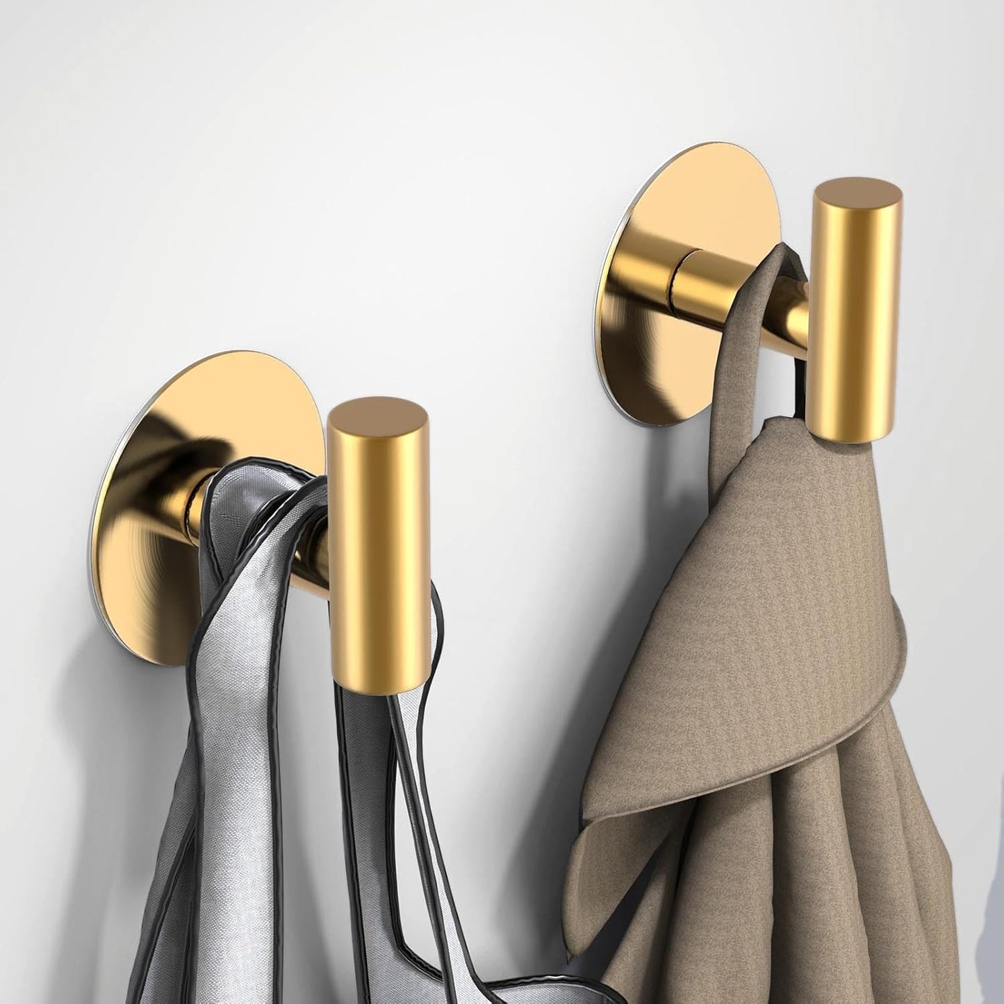 Gold Stainless Steel Wall Hooks, Heavy Duty Self-Adhesive Hooks for Coats, Towels, Robes, Hats, Aprons – No Drill Bathroom, Kitchen, Hotel (2 Pack)