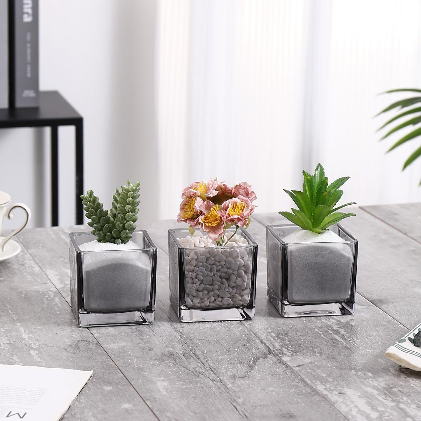 Square Vases Set of 6, 3"x 3"x 3" Glass Vases for Flowers, Square Flower Vase for Centerpieces, Small Grey Vase for Wedding, Party, Home Office Decoration
