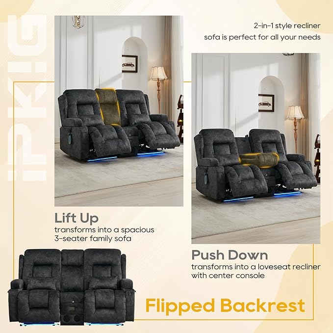 IPKIG 67" Power Reclining Loveseat Sofa, Electric Home Theater Seating with Console/4 Colors Ambient Lighting/Bluetooth Speakers/USB Ports/Built-in Outlets (Grey, Loveseat Recliner)