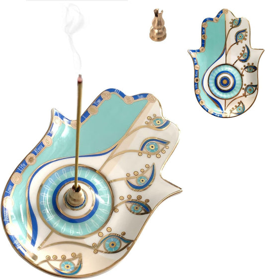 Ceramic Hamsa Hand Incense Holder - 2 in 1 Brass Incense Holder for Sticks and Coil Incense- Zen Decor with Hand of Fatima Design Protection from Evil - 6.2" L X 4.5" W (Blue)