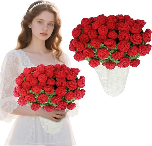 Handmade Crochet Flower Bouquet Blanket - Soft Lightweight Knit Throw for Birthday Wedding Valentines, Ready-to-Use Home Decor Gift (Red, 43in)