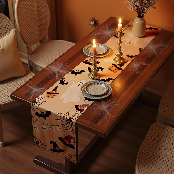 Halloween Table Runner with Ghosts, Bats, Pumpkins & Spooky Motifs, Table Decoration for Dining Party and Home Decor,96x13 inches