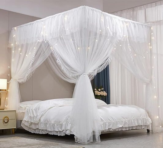 VETHIN 4 Corners Post Ruffle Princess Bed Canopy Curtain-Double Layer Cozy Drape Netting 4 Opening Mosquito Net for Girls Adults Bedroom Decoration (White/White, 59" W*82" L*82"*H/(Queen))