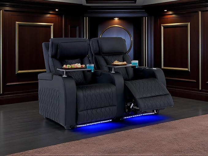 Home Theater Seating Top Grain Leather, Movie Theater Chairs Theater Recliner Sofa with Dual Power Ergonomic Design 7 Colors Ambient Lighting Tray Table Type-C USB Charge (Black, Row of 2)